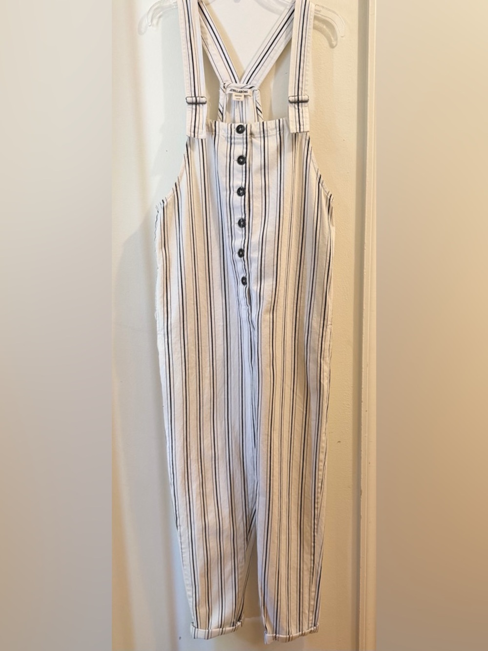 Billabong Striped Button-Front Sleeveless  Jumpsuit in White and Black